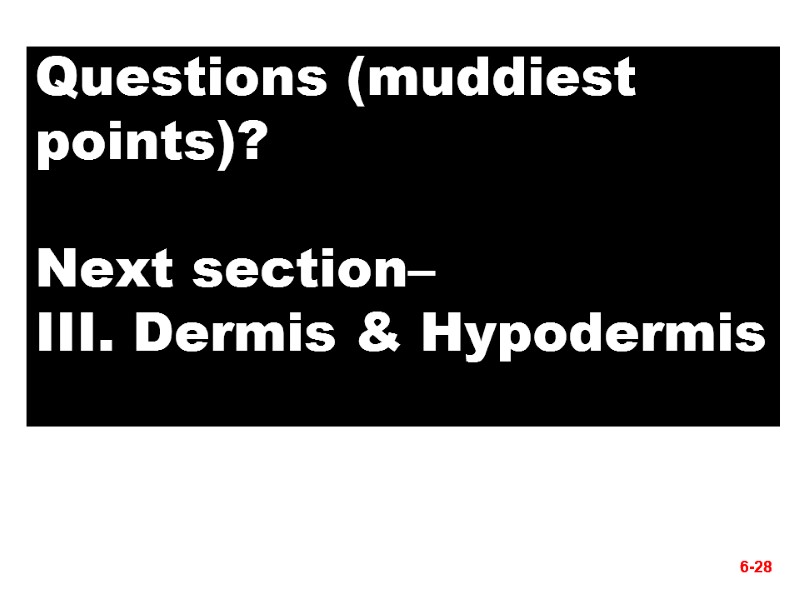 6-28 Questions (muddiest points)?  Next section–  III. Dermis & Hypodermis  6-28